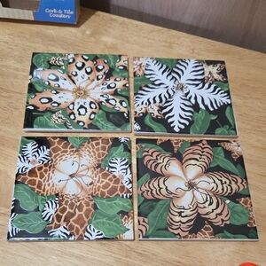 Decorative Animal Print Floral Tile Coasters - Green, Brown, Black